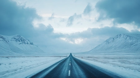 Long, straight road through snow mountains under a dramatic sky, capturing the essence of travel.の素材
