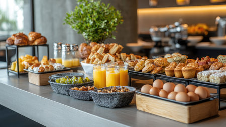 Modern luxury hotel breakfast: fresh bakery items, eggs, orange juice, and a gourmet spread of morning fare.の素材