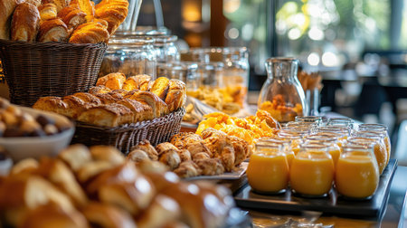 Luxurious breakfast buffet: fresh bread, pastries, orange juice, eggs, and a variety of delicious morning options.の素材