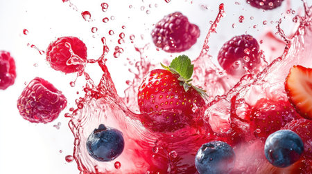 Mixed berries splashing in vibrant juice against a white background, capturing the burst of freshness.の素材