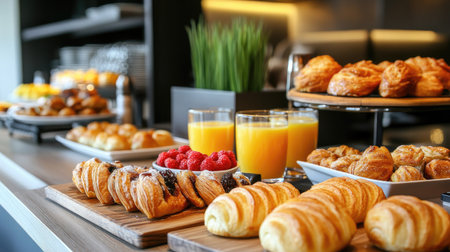 Modern hotel breakfast: fresh pastries, orange juice, eggs, and a table full of delicious morning options.の素材