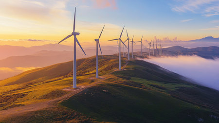 Panoramic view of a wind power plant at sunset, with turbines generating eco-friendly energy.の素材