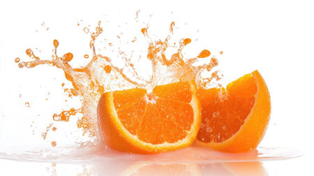 Orange in mid-air with a dynamic splash of juice, isolated on white, emphasizing freshness and energy.の素材