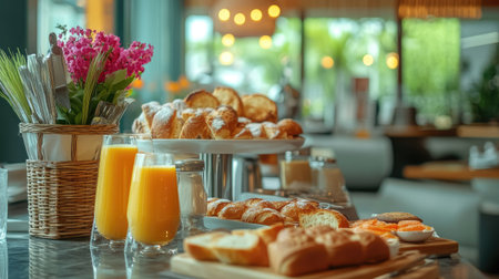 Opulent breakfast buffet in a modern city resort: fresh bread, pastries, orange juice, and eggs in a stylish setting.の素材