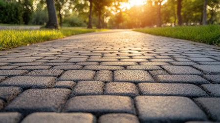 Paved road with concrete brick blocks, highlighting the uniformity and neat appearance of the paving.の素材