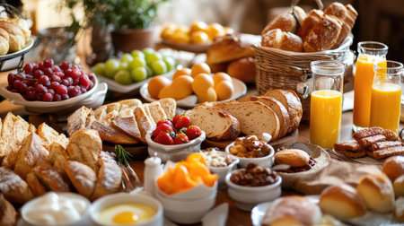 Opulent breakfast table at a luxury hotel buffet: fresh bread, pastries, orange juice, eggs, and a variety of morning fare.の素材