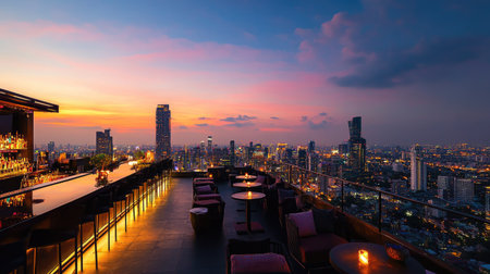 Rooftop bar panorama of Bangkok cityscape with sunset sky, focusing on Lumpini area and its illuminated skyline.の素材