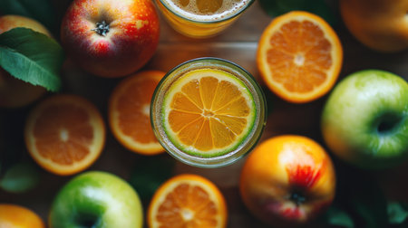 Refreshing drinks of apple and multivitamin juices in cocktail glasses, surrounded by fresh, vibrant fruits.の素材