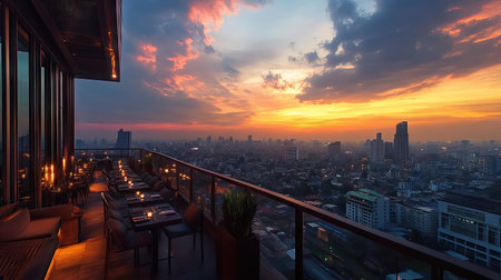 Rooftop bar view of Bangkok at sunset, capturing the Lumpini are skyline and the dramatic sunset sky.の素材