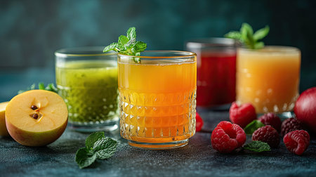 Refreshing apple and multivitamin juices in cocktail glasses, with a variety of fresh, vibrant fruits.の素材