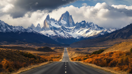 Scenic highway with snow-capped peaks and cloudy skies, highlighting the allure of road trips.の素材