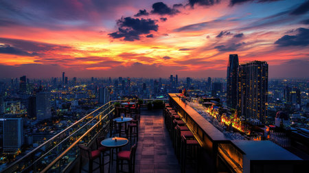 Rooftop bar view of Bangkok cityscape at sunset, highlighting the bustling Lumpini area and the colorful sky.の素材