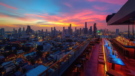 Rooftop bar panorama of Bangkok cityscape at sunset, focusing on the Lumpini area with a vibrant sky. -の素材