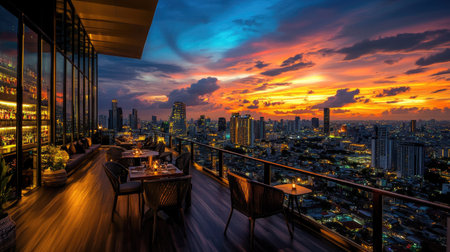 Rooftop bar view of Bangkok at sunset, capturing the Lumpini are skyline and the dramatic sunset sky.の素材