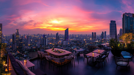 Rooftop bar panorama of Bangkok cityscape with sunset sky, focusing on Lumpini area and the city lights.の素材