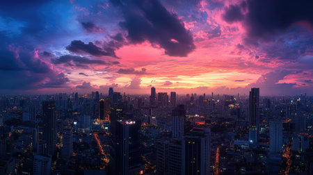 Rooftop view of Bangkok cityscape at sunset, highlighting the Lumpini area and colorful evening sky.の素材