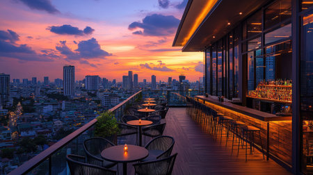 Rooftop bar view of Bangkok cityscape at sunset, highlighting the bustling Lumpini area and the colorful sky.の素材