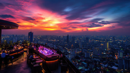 Rooftop bar shot of Bangkok Lumpini area at sunset, highlighting the sprawling cityscape and colorful sky.の素材