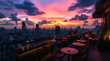 Rooftop bar view of Bangkok cityscape at sunset, highlighting the bustling Lumpini area and the colorful sky.の素材