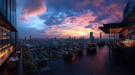 Rooftop bar panorama of Bangkok cityscape at sunset, focusing on the Lumpini area with a vibrant sky. -の素材