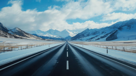 Scenic asphalt highway heading into the snowy mountains with cloudy skies, ideal for travel themes.の素材