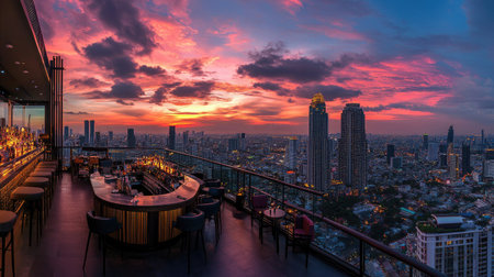 Rooftop bar view of Bangkok cityscape at sunset, featuring the Lumpini area and a dramatic evening sky.の素材