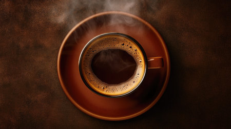 Steaming cup of coffee on a brown plate from above, highlighting the inviting steam and the elegant presentation.の素材