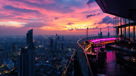 Rooftop bar view of Bangkok cityscape at sunset, highlighting the bustling Lumpini area and the colorful sky.の素材
