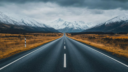 Straight asphalt highway leading towards snow-capped mountains under a cloudy sky, perfect for car travel inspiration.の素材