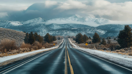 Scenic asphalt highway heading into the snowy mountains with cloudy skies, perfect for adventure themes.の素材