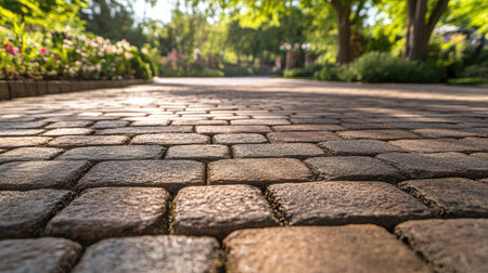 Stone paver blocks creating a driveway, emphasizing the clean and aesthetic appeal of the paving.の素材