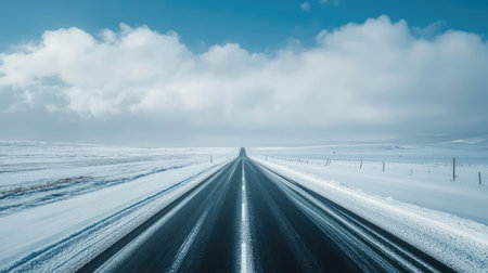 Straight highway cutting through a snowy landscape with dramatic clouds, perfect for car journey visuals.の素材