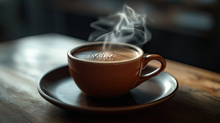 Steaming coffee cup on a brown plate from a high angle, focusing on the rich aroma and comforting look of the drink.の素材