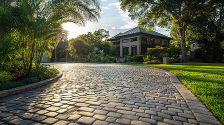 Stone paver blocks creating a driveway, highlighting the clean and aesthetic appeal of the paving.の素材
