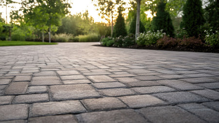 Stone paver blocks creating a driveway, highlighting the clean and aesthetic appeal of the paving.の素材