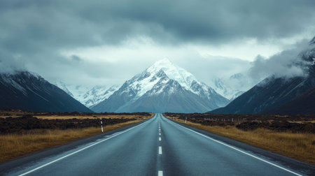 Straight asphalt highway leading towards snow-capped mountains under a cloudy sky, perfect for car travel inspiration.の素材