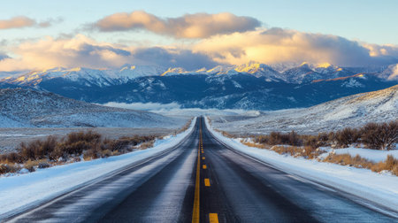 Straight highway leading into the snowy mountains with a backdrop of clouds, showcasing nature's beauty.の素材