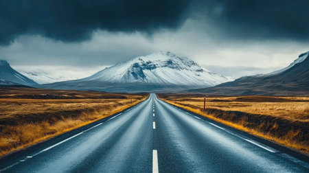 Straight highway with snow-capped mountains and cloudy skies, showcasing the beauty of nature and road trips.の素材