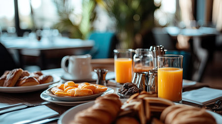 Stylish breakfast in a city resort: table full of fresh bakery goods, glasses of orange juice, eggs, and gourmet plates.の素材