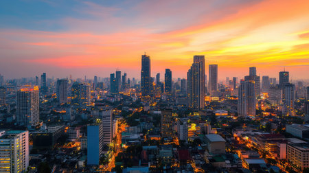 Sunset cityscape of Bangkok from a rooftop bar, highlighting the Lumpini area and its illuminated skyline.の素材