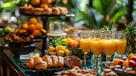 Stylish city resort breakfast: fresh bakery items, eggs, glasses of orange juice, and a variety of gourmet morning foods.の素材