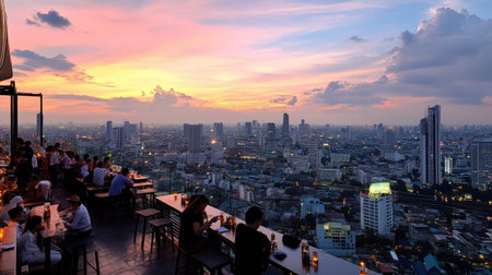 Sunset cityscape of Lumpini area in Bangkok from a rooftop bar, showcasing the city's vibrant skyline.の素材