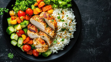 Top view of black plate with baked chicken fillet, rice, and vegetables, space for text or design.の素材