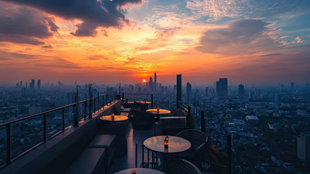 Sunset over Lumpini area from a rooftop bar in Bangkok, showcasing the vibrant cityscape and sky colors.の素材