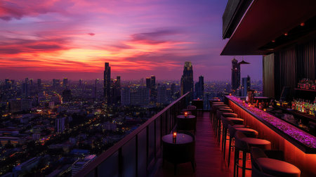 Sunset cityscape of Lumpini area in Bangkok from a rooftop bar, showcasing the city's vibrant skyline.の素材