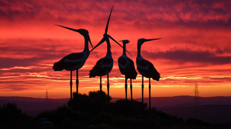 Sunset view of wind turbines at a power plant, symbolizing clean energy and eco-friendly power generation.の素材