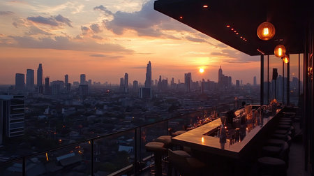 Sunset cityscape of Lumpini area in Bangkok from a rooftop bar, showcasing the city's vibrant skyline.の素材