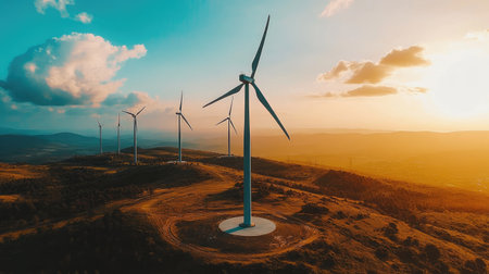 Sunset view of wind turbines at a power plant, symbolizing clean energy and eco-friendly power generation.の素材