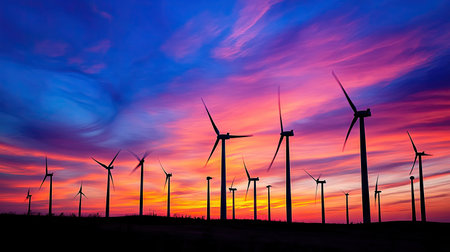 Turbines at sunset, generating renewable energy under a colorful sky, symbolizing eco-friendly power.の素材