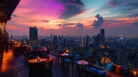 Sunset view of Bangkok cityscape from a rooftop bar, highlighting Lumpini area with colorful sky and city lights.の素材